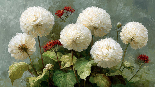 A painterly floral mural featuring large, white pom-pom dahlia flowers, red accents, and mossy green foliage.