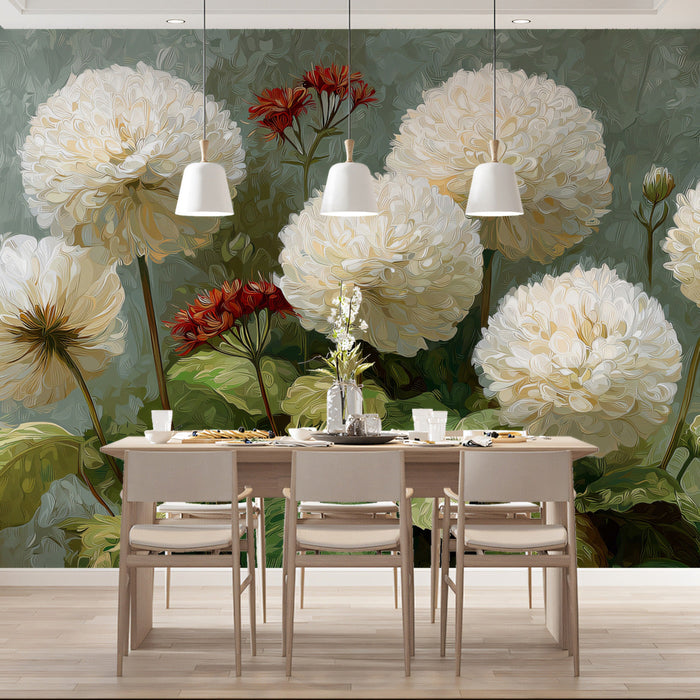 A cozy library reading corner featuring large-scale floral wallpaper with lush green leaves.