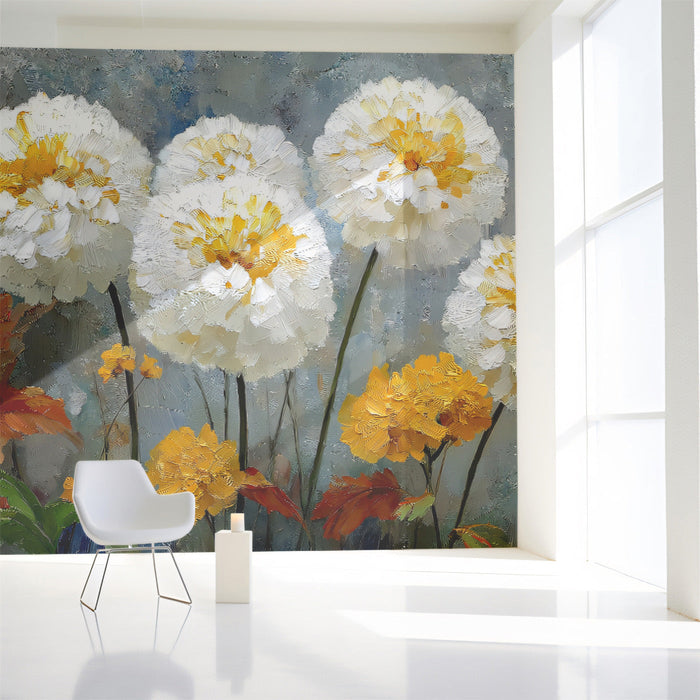A tranquil bedroom featuring the white dahlia mural as a feature wall behind a fabric headboard.