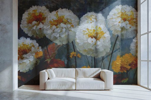 A cozy sun-drenched breakfast nook featuring an impressionistic floral mural as a textured focal point.