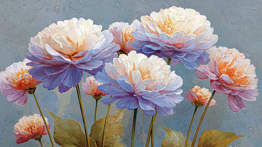 Impressionist style oil painting floral pattern featuring white, lavender, and apricot peonies against a slate blue background
