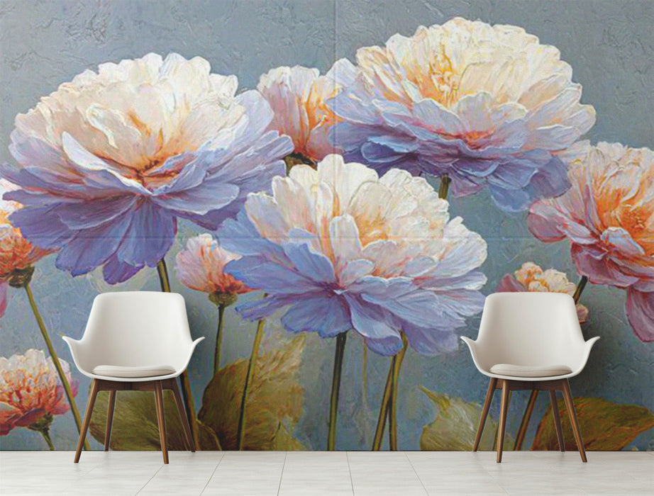 Floral peony mural wallpaper installed on a feature wall in a soft-toned master bedroom