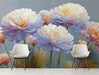 Floral peony mural wallpaper installed on a feature wall in a soft-toned master bedroom