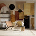 Entrance hallway decorated with warm-toned geometric circles and rectangular mural wallpaper.