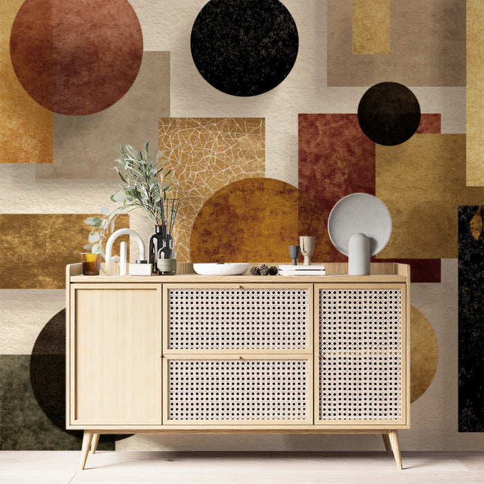 Modern living room featuring abstract geometric wallpaper behind a minimalist sofa.
