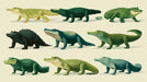 Vintage-style scientific illustration of alligators in various green shades on parchment paper