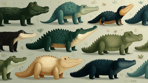 A whimsical pattern of stylized crocodiles in various green, charcoal, and sandy tones on a light background.