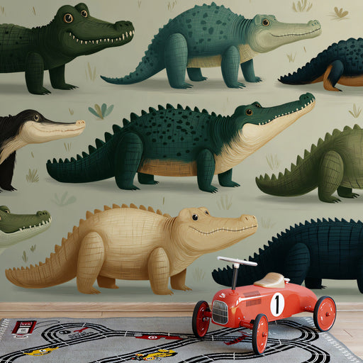 A bright kid's bedroom featuring a playful crocodile mural behind a wooden crib.
