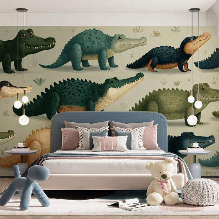 A dedicated playroom with a charming crocodile wallpaper pattern, paired with soft rug and wooden toy storage.