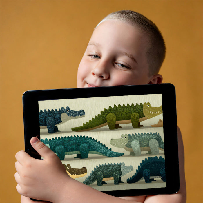 A cozy playroom with the crocodile mural creating an adventurous backdrop for a reading corner.