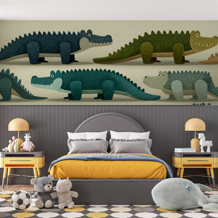 A bathroom space with the crocodile wallpaper, pairing earthy greens with clean white fixtures.