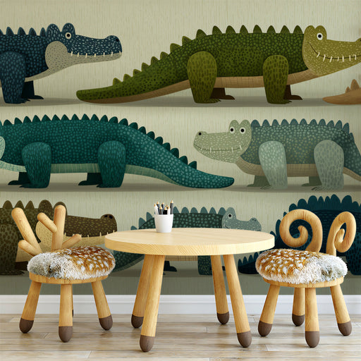 A bright nursery room featuring the crocodile parade wallpaper on a feature wall behind a wooden crib.