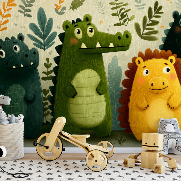 A bedroom for children styled with a soft forest-themed mural featuring cute crocodile characters.