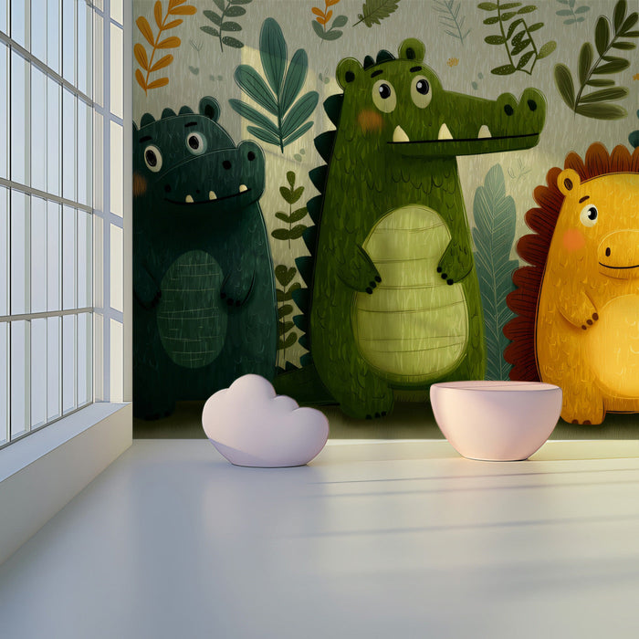 A cozy nursery room decorated with a charming forest animal crocodile mural on the main feature wall.