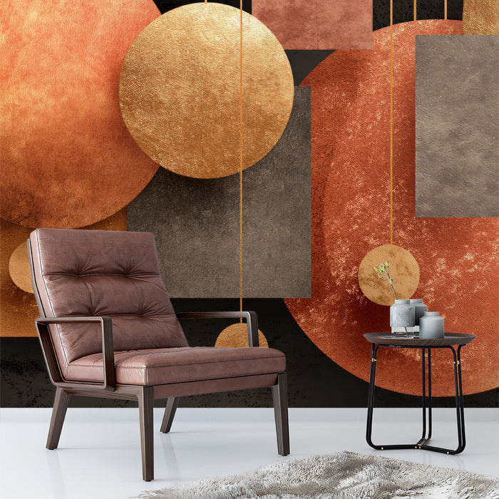 Contemporary dining room with a copper and charcoal geometric feature wall and minimalist furniture