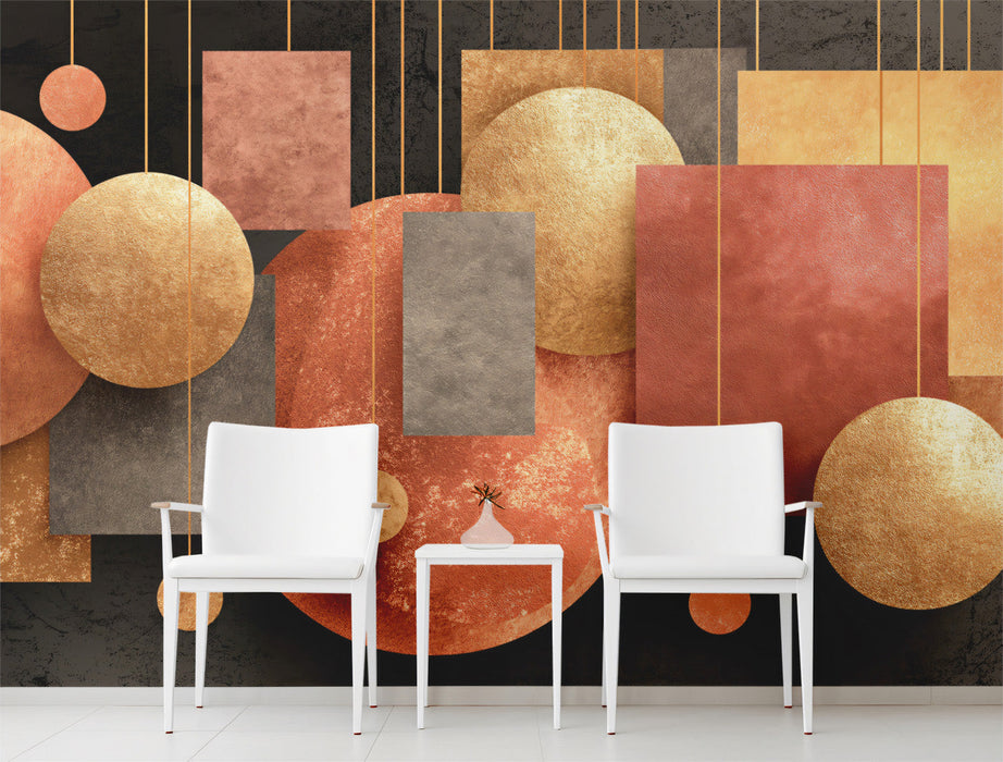 Modern living room featuring geometric mural with suspended copper shapes and dark charcoal walls