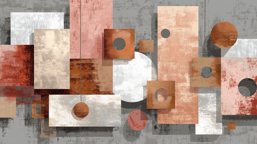 Abstract geometric mural with copper, blush, and gray overlapping blocks on a textured plaster background.