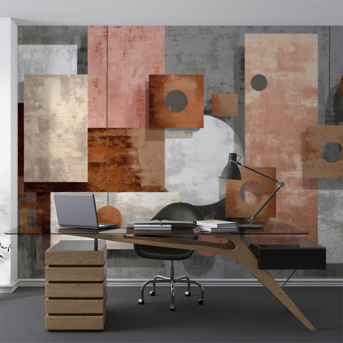 Contemporary dining room featuring a neutral and copper geometric wall mural.
