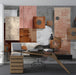 Contemporary dining room featuring a neutral and copper geometric wall mural.