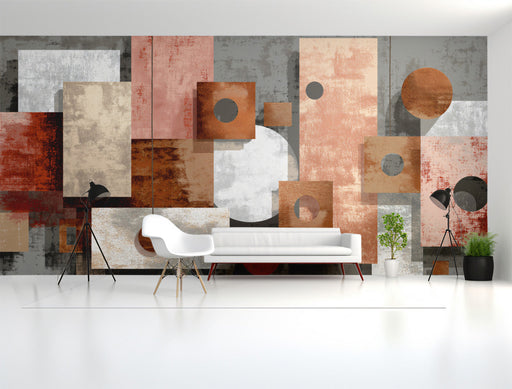 Geometric abstract mural in a minimalist modern living room with wood furniture.