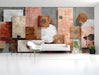 Geometric abstract mural in a minimalist modern living room with wood furniture.