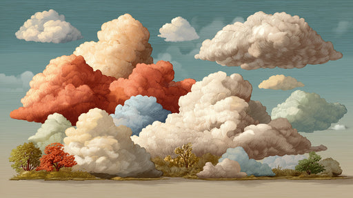 Vintage etching style wallpaper with billowy clouds in shades of teal, terracotta, and cream against a soft sky background.
