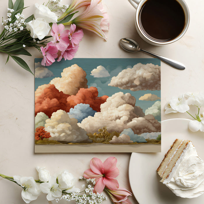 A cozy home office featuring an artistic sky mural, providing an expansive and calm backdrop for focused work.