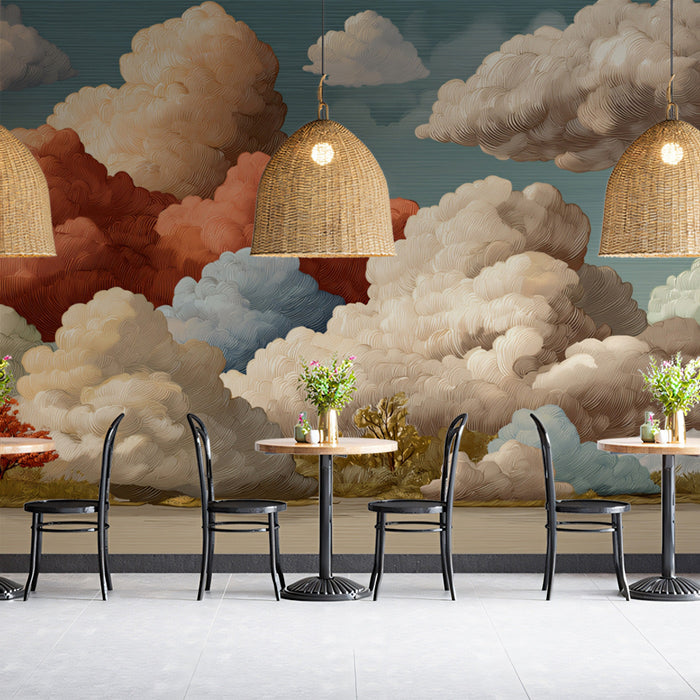 A sophisticated nursery featuring an etched cloud wallpaper design, creating a whimsical yet elegant atmosphere.