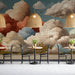A sophisticated nursery featuring an etched cloud wallpaper design, creating a whimsical yet elegant atmosphere.