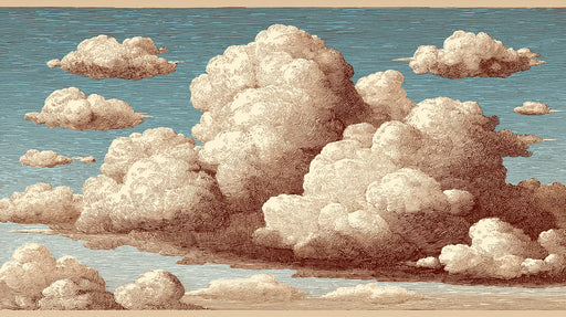 Vintage etching style mural featuring billowing clouds in copper and brown ink on a soft blue background.