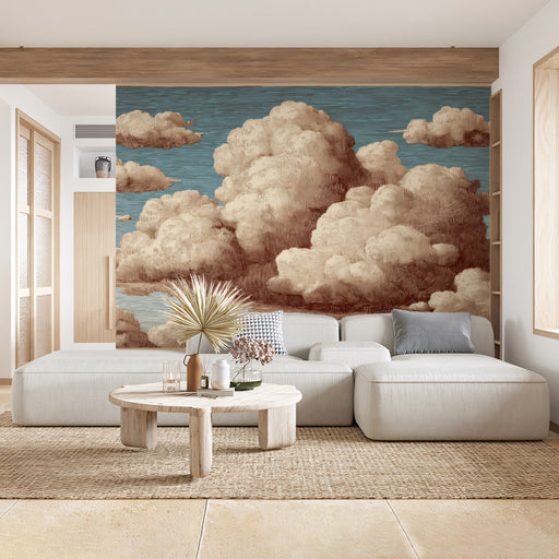 Artistic cloud wall covering in a dining room featuring mid-century modern design elements.