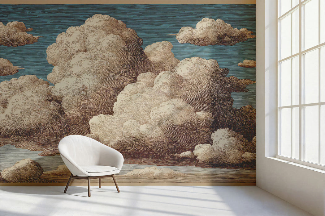 Vintage cloud mural installed in a cozy bedroom with warm wood furniture and soft lighting.