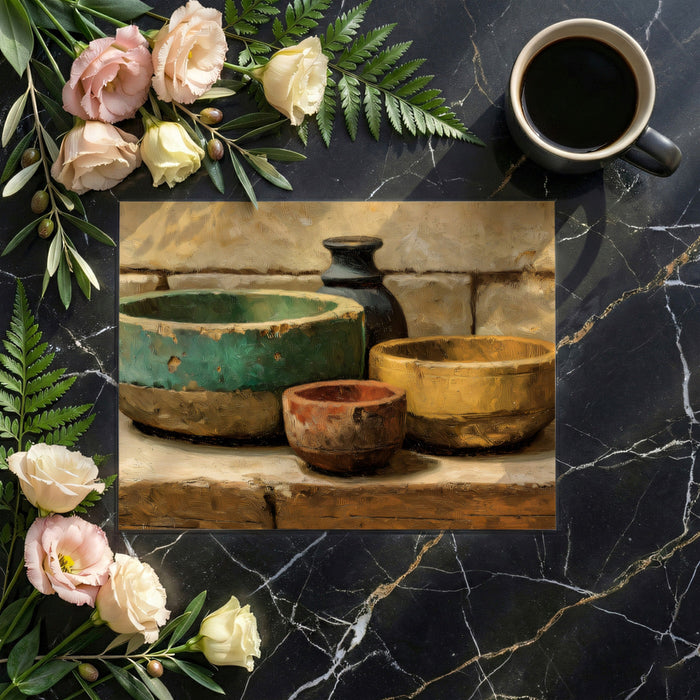 Rustic study room with the ceramic pottery mural, creating a sophisticated and grounded workspace.