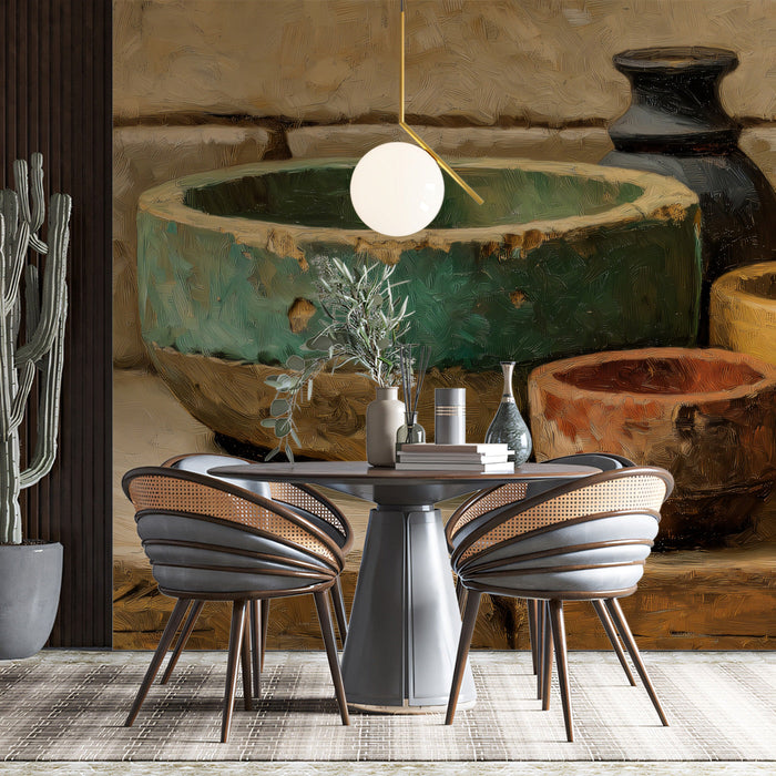 A cozy kitchen dining area featuring the ceramic still life mural as a warm, artistic focal point.