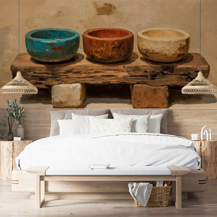 A cozy kitchen space with ceramic bowl wall mural and wooden farmhouse shelving.
