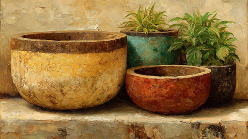 Oil painting style wallpaper featuring oversized rustic terracotta, ochre, and green ceramic pots.