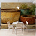 A boutique shop or cafe wall decorated with the rustic ceramic vessel pattern for an earthy feel.