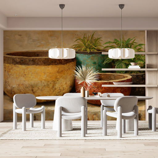 A cozy kitchen dining nook featuring the ceramic pot mural as a warm, artistic accent wall.