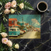 Dining room with a nostalgic seaside wallpaper mural, creating an open and airy coastal atmosphere