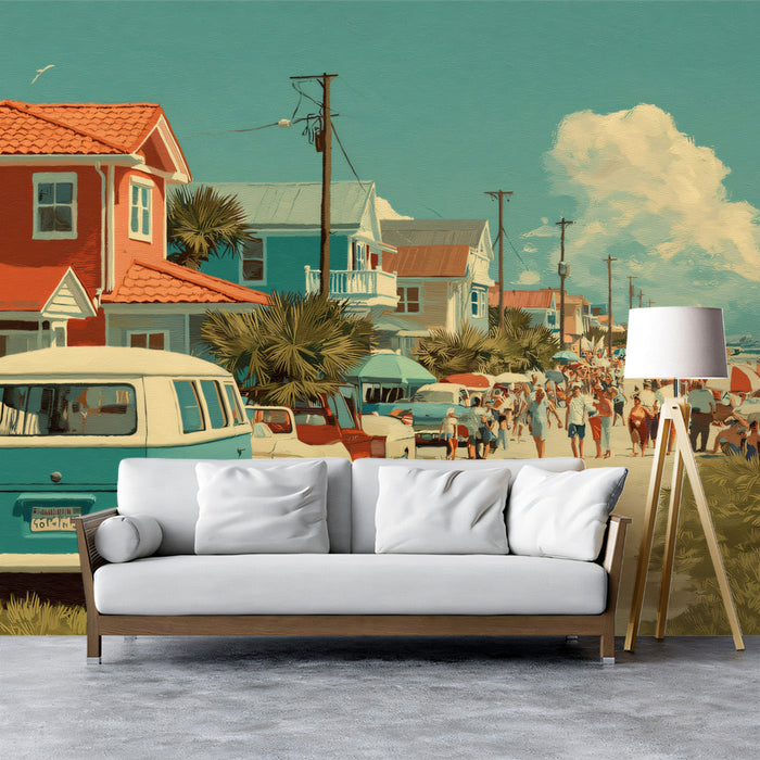 Bright sunroom featuring a vibrant beach town mural, rattan chairs, and natural light