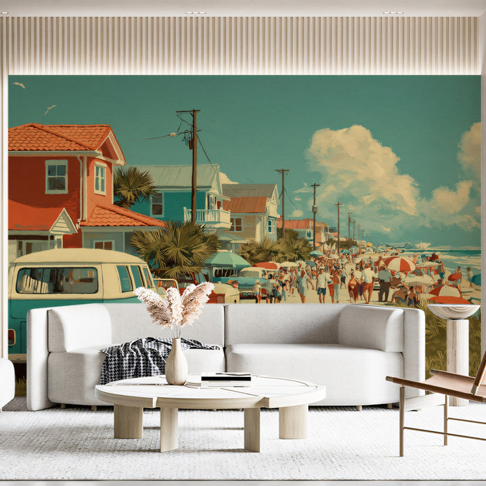 A sunny living room with a beach mural, light wood furniture, and coastal decor accents