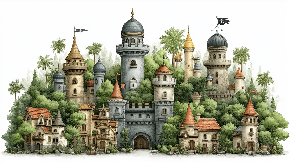 A whimsical illustration of a stone castle nestled in lush greenery with towers and terracotta roofs on a white background.