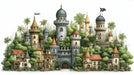 A whimsical illustration of a stone castle nestled in lush greenery with towers and terracotta roofs on a white background.