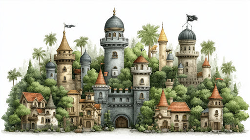 A whimsical illustration of a stone castle nestled in lush greenery with towers and terracotta roofs on a white background.