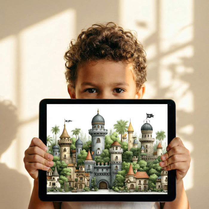 A creative study room decorated with a detailed castle wall mural to inspire imagination.