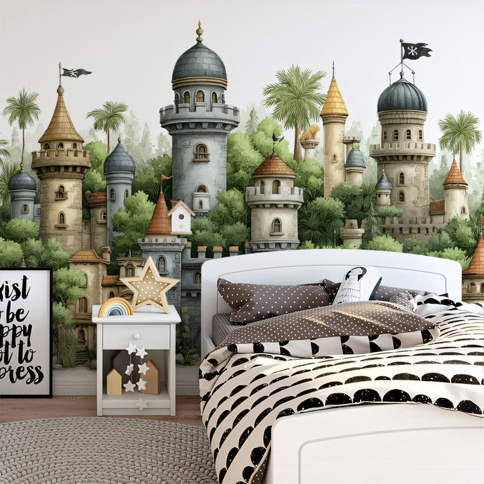 A bright playroom area with a sprawling castle and forest mural as the central focal point.