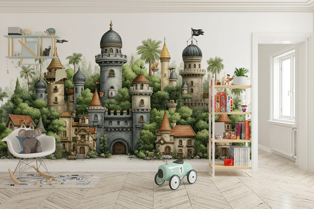 A child's bedroom featuring a whimsical castle mural on the wall above a cozy wooden bed.