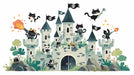 A whimsical illustration of a stone castle guarded by black cats dressed as pirates with orange fireballs on white background