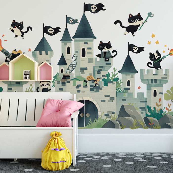 A nursery wall decorated with the cat pirate castle design for a creative and imaginative look