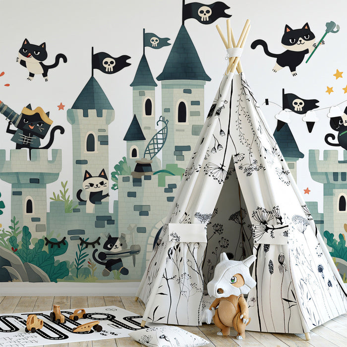 A children's bedroom featuring the playful cat pirate castle wallpaper on the main wall